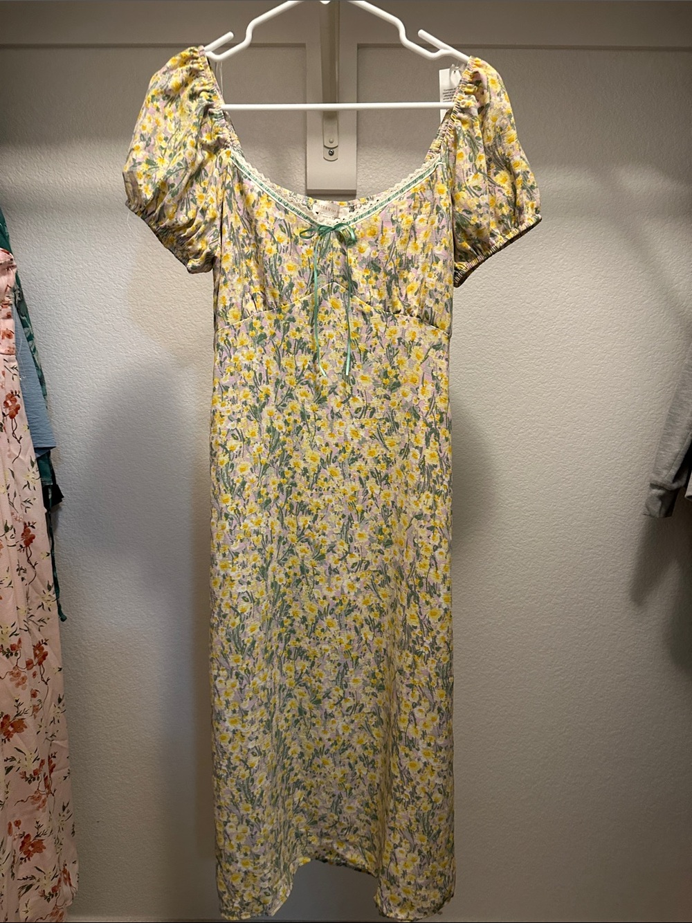 Yellow Floral Puff-Sleeve Midi Dress with Tie Front